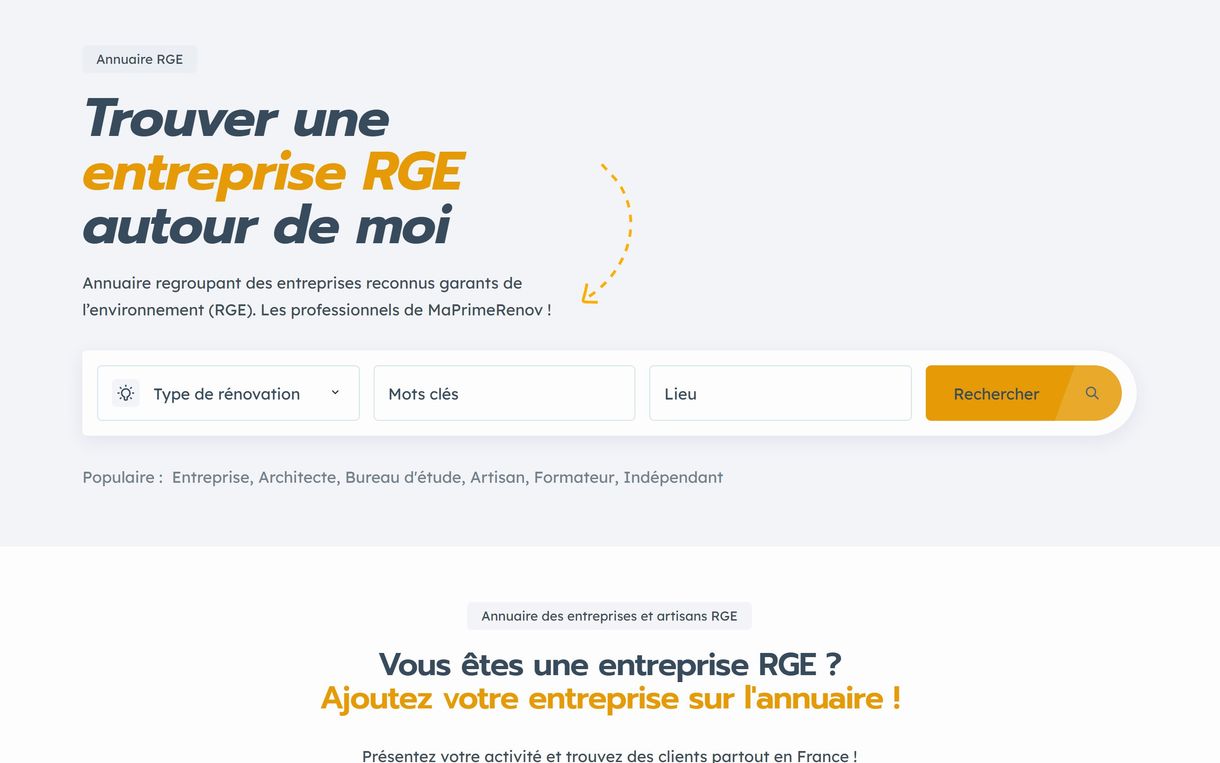 Capture d'écran : Annuaire d'entreprises RGE