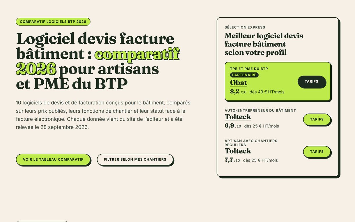 Capture d'écran : Comparatif de logiciels pour artisans et PME du BTP