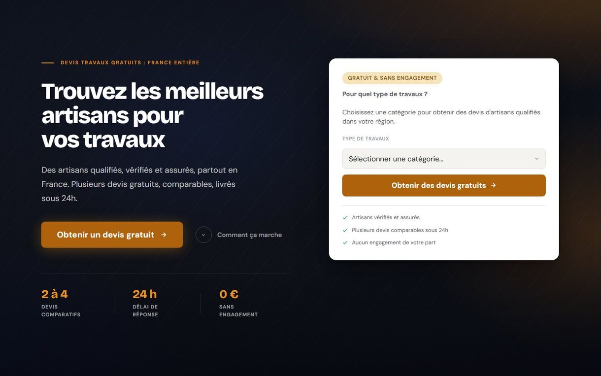 Capture d'écran : Devis travaux et mise en relation avec des artisans
