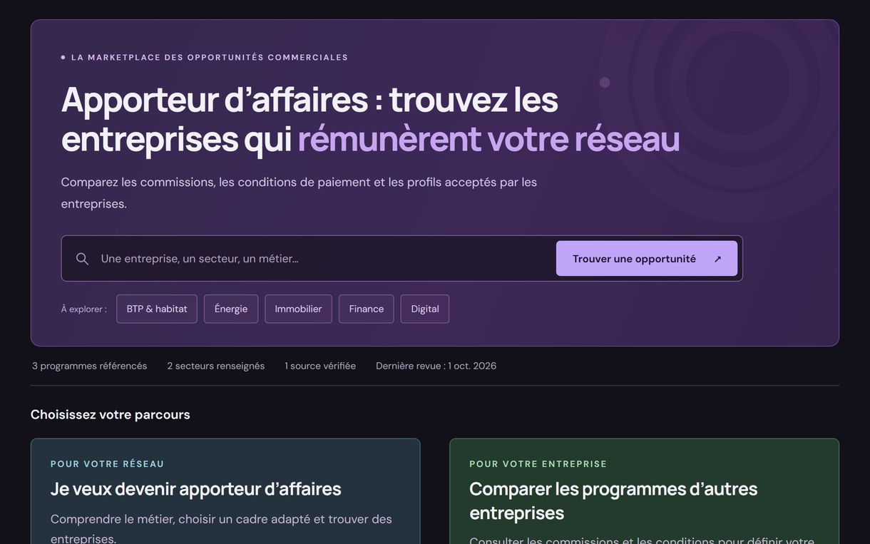 Capture d'écran : Répertoire de programmes d'apport d'affaires